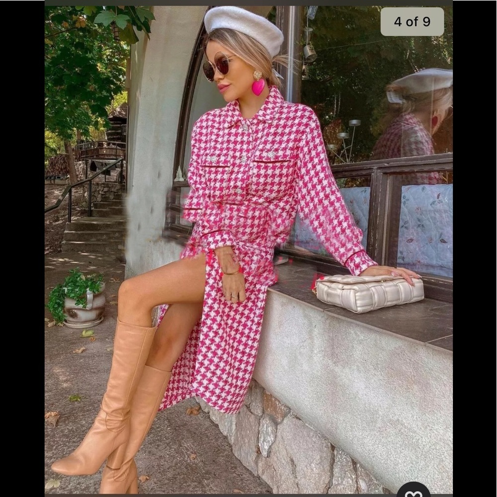 Zara Pink Houndstooth Midi Skirt